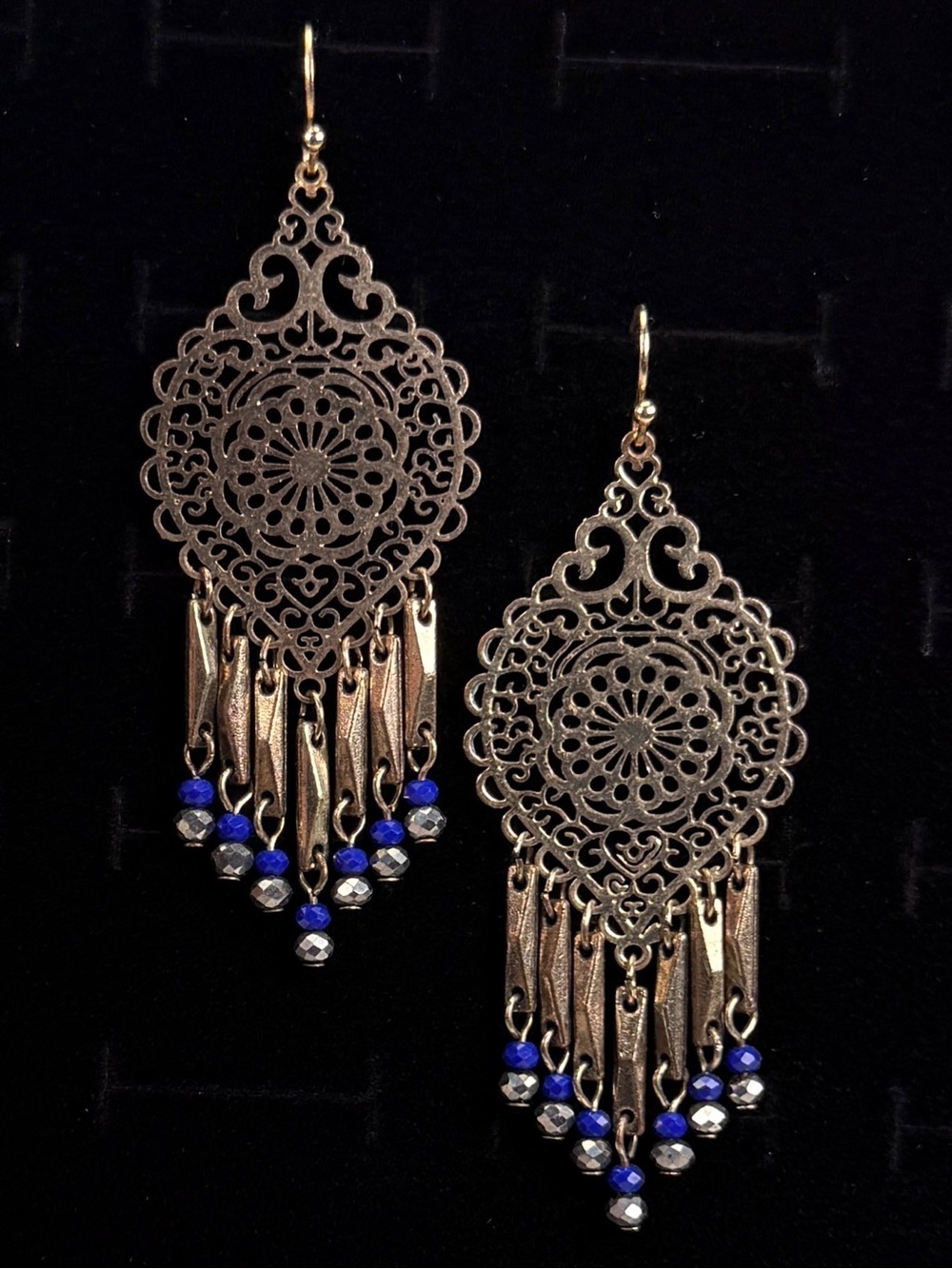 Lightweight filigree, goldtone, blue dangle pierced earrings